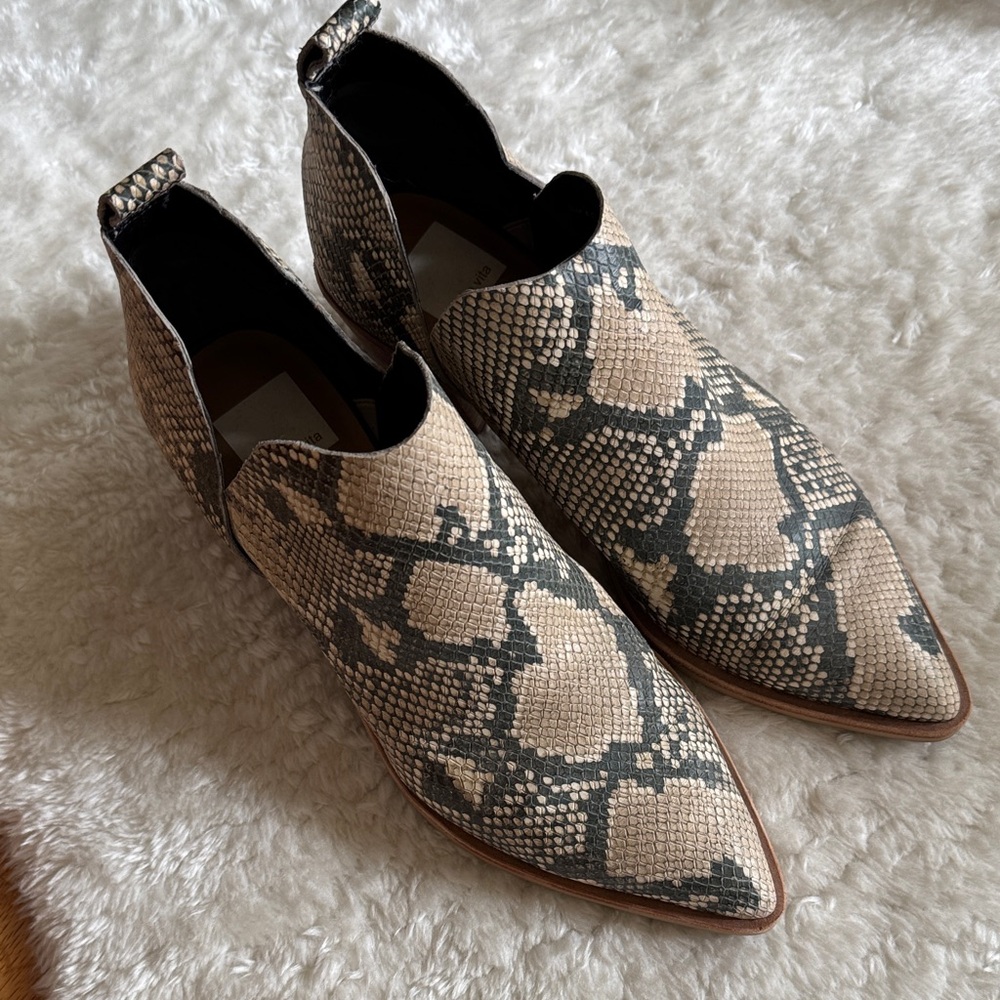 Dolce Vita Beige and Black Snakeskin Ankle Booties